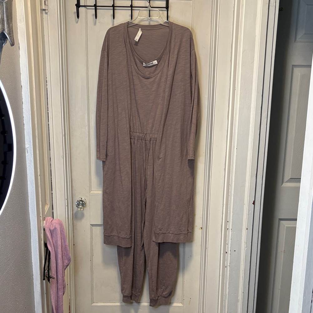 Three Bird Nest Mocha Tan Brown Long Sleeve Jumpsuit Cardigan Set Large - Picture 4 of 16